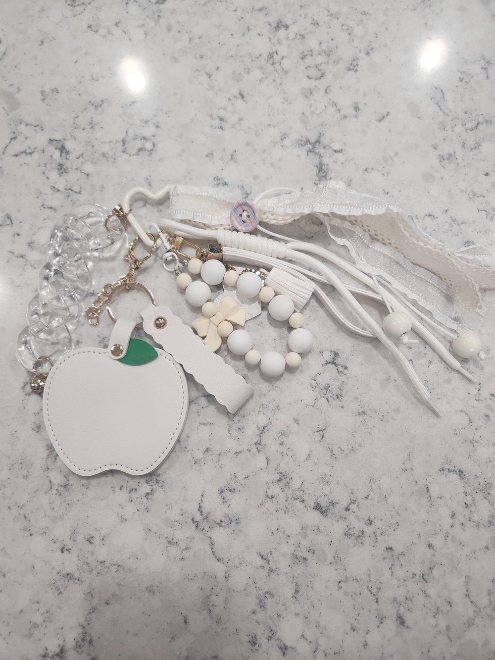 White Apple Keychain Charm with Beads & Tassels